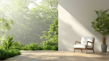 Serene minimalist room with armchair, potted plants, and forest view.
