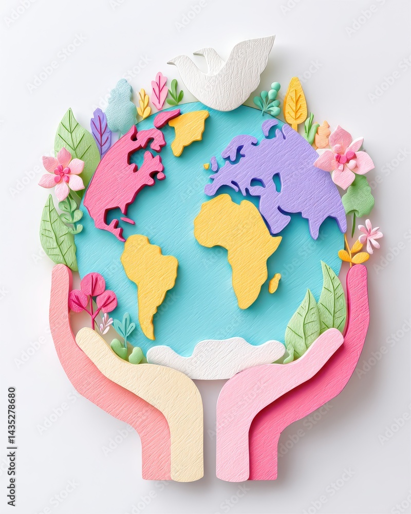 Poster hands supporting globe symbolizing world harmony and interfaith unity in a colorful artistic represe