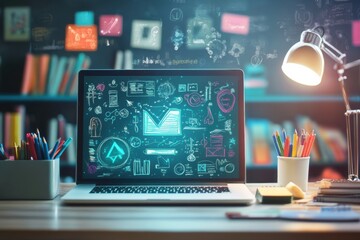 Creative workspace with laptop displaying digital diagrams and chalkboard elements in cozy office