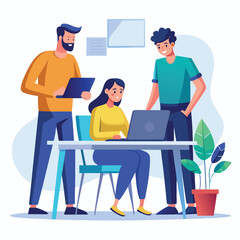 man sitting at his desk working on laptop, with woman standing near him holding phone, designed in flat style vector 
