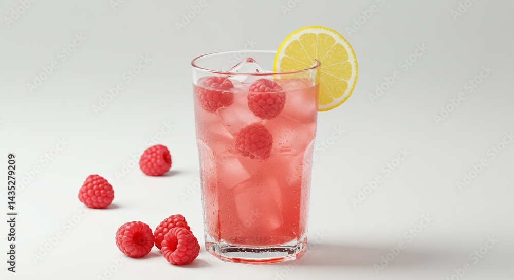Poster refreshing raspberry lemonade with ice cubes and lemon slice garnished product shot on white backgro