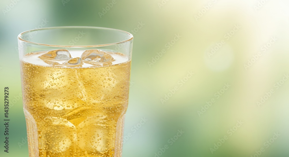 Poster refreshing sparkling lemonade in clear glass with ice cubes against a soft green bokeh background pe