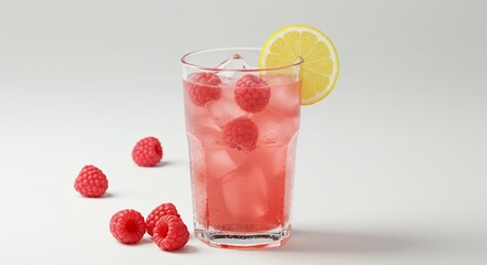 Refreshing Raspberry Lemonade with Ice Cubes and Lemon Slice Garnished Product Shot on White Background