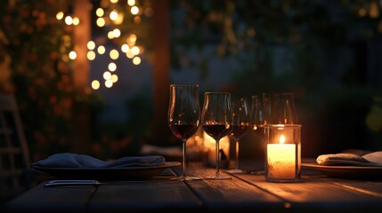 Romantic outdoor dinner setting with candlelight and wine glasses on rustic wooden table
