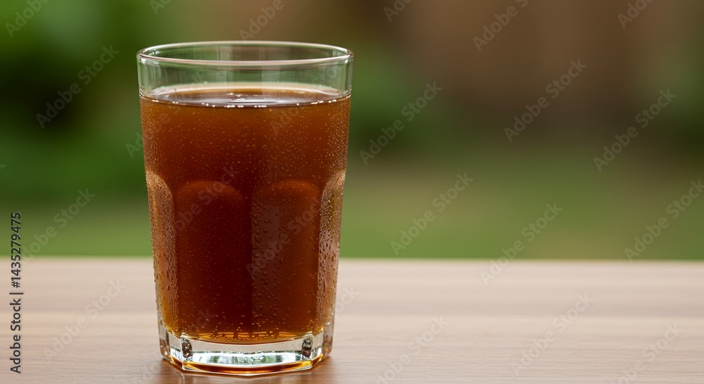 Poster refreshing tamarind juice in glass with green bokeh background product display
