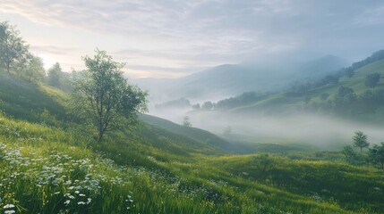 Fototapeta premium Misty sunrise over rolling green hills and wildflowers.