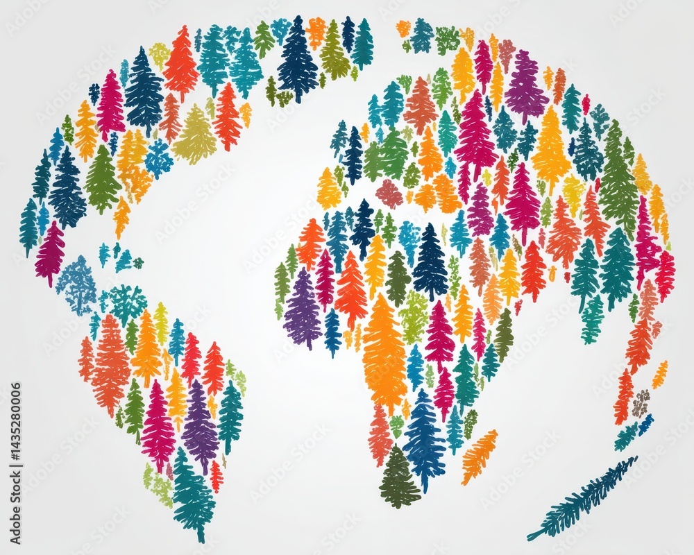 Poster colorful artistic representation of the world map with trees illustrating harmony and unity among cu