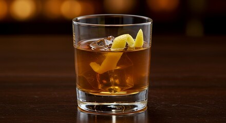 Sophisticated Sazerac Cocktail with Lemon Twist in Clear Glass Displayed on Dark Wooden Surface for Ads and Promotion