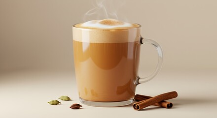 Steaming Chai Latte with Cinnamon and Cardamom in Beige Setting Realistic Product Display