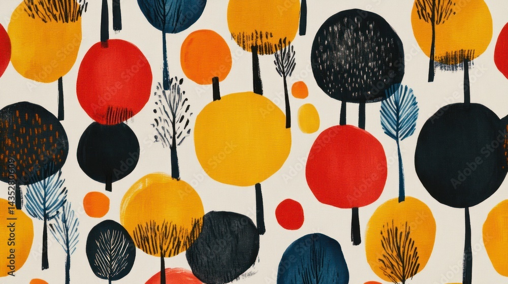 Poster abstract autumnal forest pattern with colorful round trees on white background.