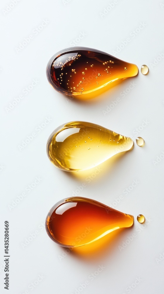 Poster three viscous drops of different colors arranged vertically on a white background showcasing liquid 