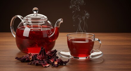 Steaming Hibiscus Tea in Glass Teapot and Cup on Wooden Table Still Life Product Display Ads Promotion with Realistic Warm Lighting and Dark Background
