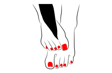 Woman feet with red nails and holding a cloth line art isolated on white background - vector illustration
