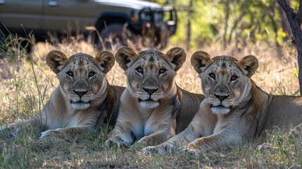 Three lionesses lie side-by-side in the African savanna, a safari vehicle visible in the background.