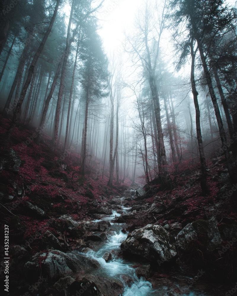 Poster ethereal forest stream cascading through ancient woodland with mystical fog creating a serene and ca