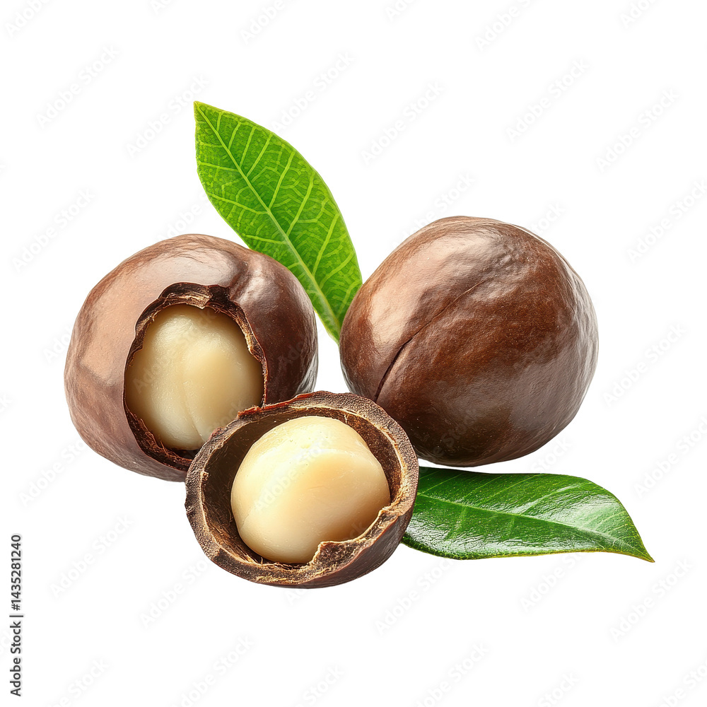 Aufkleber macadamia nuts with shells and leaves displayed on a clean transparent background, macadamia nuts wi