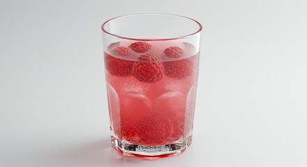 Tall Glass of Pink Raspberry Lemonade with Fresh Raspberries on White Background Ready for Ads Promotion and Display