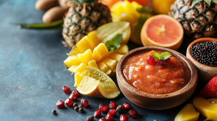 showcasing variety of exotic sauces made from fruits and spices from different cultures.
