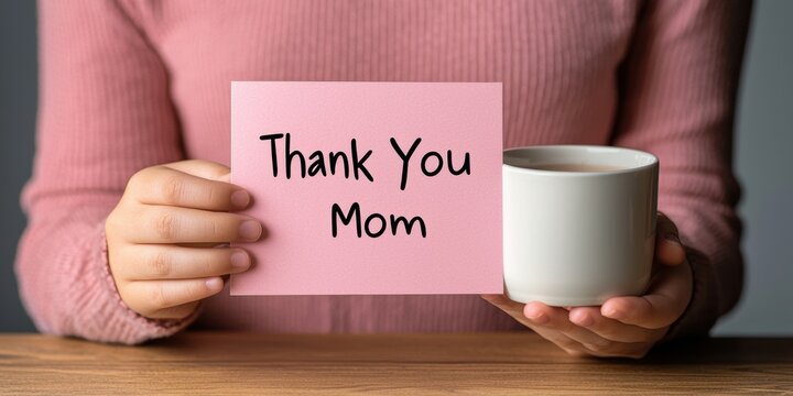 A person holds a pink card saying "Thank You Mom" alongside a white cup, conveying appreciation and warmth.