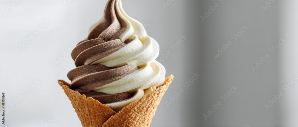 Poster delicious swirl ice cream cone with vanilla and chocolate flavor on a bright background creating a t