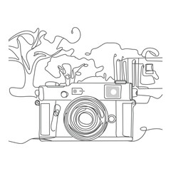 Continuous one line drawing HD photo camera outline vector illustration, Single Line Vector Illustration. Camera, Lens, Tripod, Shutter. Isolated SLR camera.