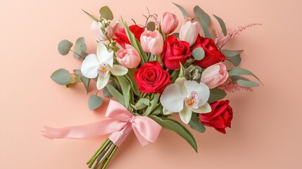 Fototapeta premium Luxurious specialty bouquet featuring vibrant red roses, pastel pink tulips, and white orchids tied with a blush pink ribbon, diagonally placed on a muted peach-pink background.
