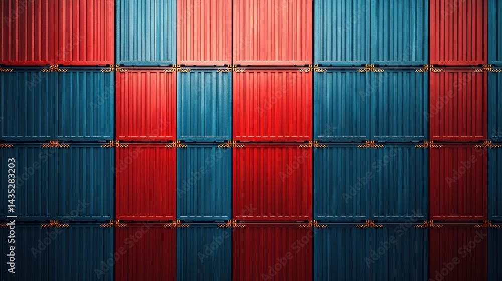 Poster full frame close up of stacked blue and red shipping containers in a port