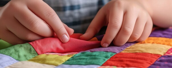 A child's hands delicately adjust a colorful quilt, showcasing a blend of vibrant fabrics and textures in a cozy setting.