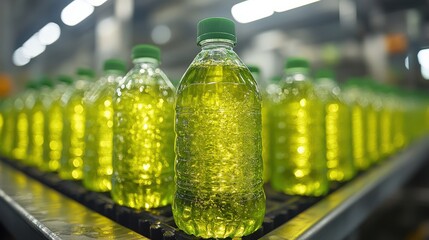 Bottles of liquid oil in production line capturing industrial manufacturing process