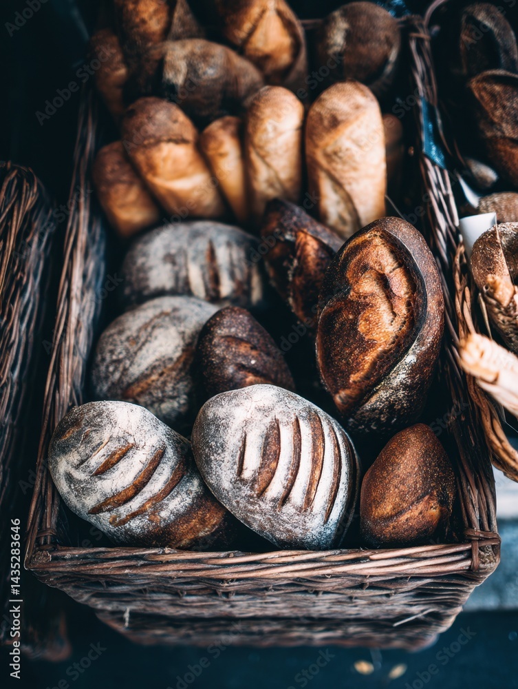 Poster rustic artisan bread assortment in woven baskets at bakery display with warm light and inviting atmo