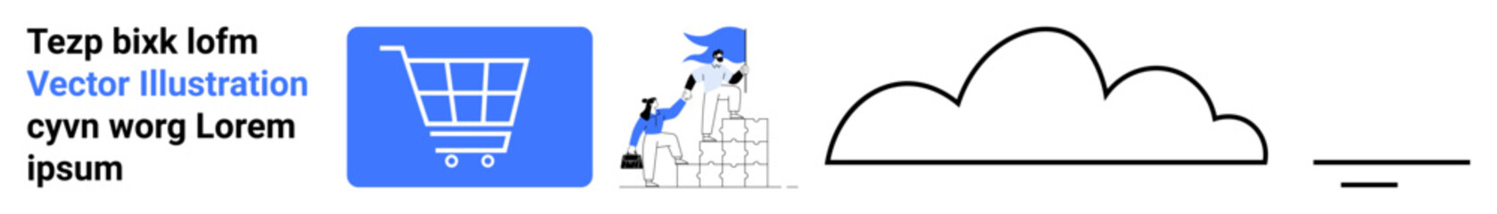 Shopping cart with items, a team stacking boxes, cloud storage, and progress lines. Ideal for e-commerce, teamwork, inventory management, logistics, digital storage cloud services simple landing