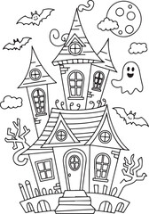 Fototapeta premium Haunted House with Bats and Ghosts Halloween Coloring Page