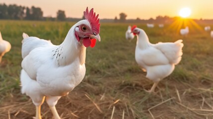 Free range chickens on a farm at sunrise capturing the essence of rural livestock life