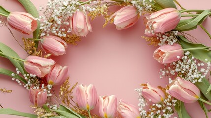 Luxurious wreath of blush pink tulips, soft golden sprigs, and airy baby breath, forming a perfect circular frame, isolated on a warm blush pink background.