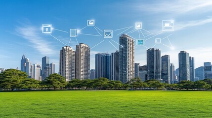 Obraz premium Smart city network, data connection, cityscape park