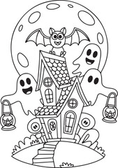 Obraz premium Haunted House with Ghosts and Lanterns Halloween Illustration Adult coloring page