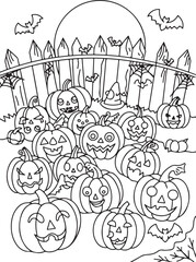 Pumpkin Patch with Grinning Jack O' Lanterns and Fences Halloween Coloring Adult coloring page