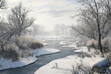 Fototapeta premium breathtaking winter landscape featuring frozen rivers and snow-covered trees capturing serene beauty of nature.
