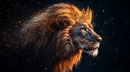 Naklejka premium Lion wears a crown, sparkling particles in a dark background. Conceptual image for strength and royalty