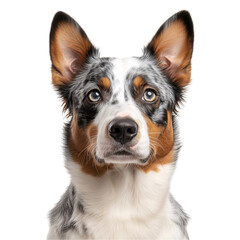 Side view of an grey Australian Cattledog dog with open mouth looking up isolated on transparent background