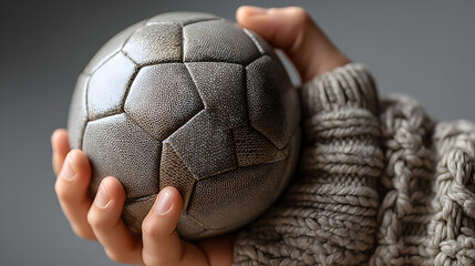 Close-up of a person’s hand gripping a soccer ball, minimalist style.

