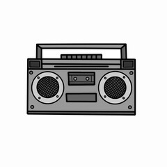 hand drawn monochrome retro boombox isolated on white background, grayscale ghetto blaster illustration