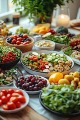 beautifully arranged vegan family dinner table showcasing variety of colorful plant-based dishes.