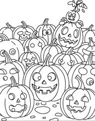 Fototapeta premium Smiling Pumpkins in a Patch Halloween Coloring Illustration