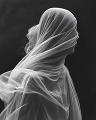 Woman Draped in Sheer Fabric Monochrome Portrait