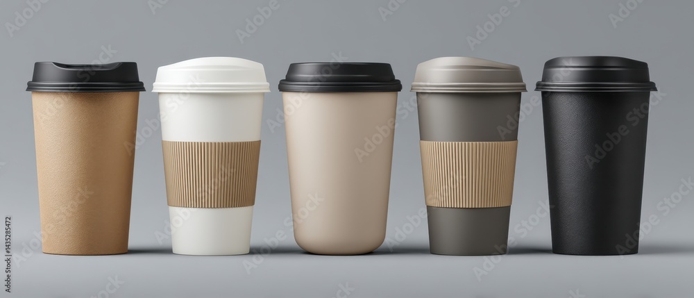 Poster assorted coffee cups in row with lids on gray background showcasing various colors and textures for 