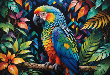 Obraz premium Colorful Parrot in Moonlit Garden with Geometric Foliage