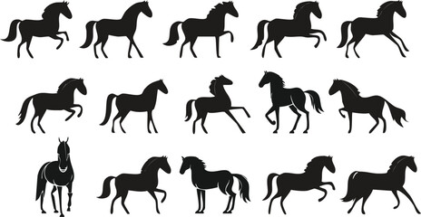 Fototapeta premium Vector Stylized Horse Collection with Trotting, Galloping, and Standing Poses in Monochrome Illustration