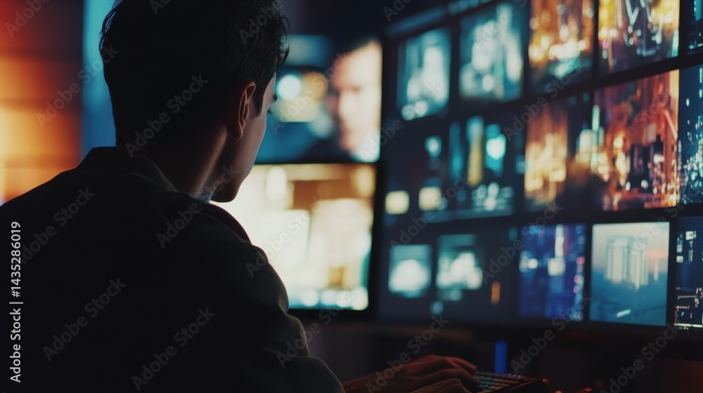 Poster close up of a professional office specialist working on desktop computer in modern technological mon