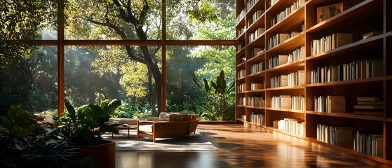 Tranquil Library with Lush Garden Views